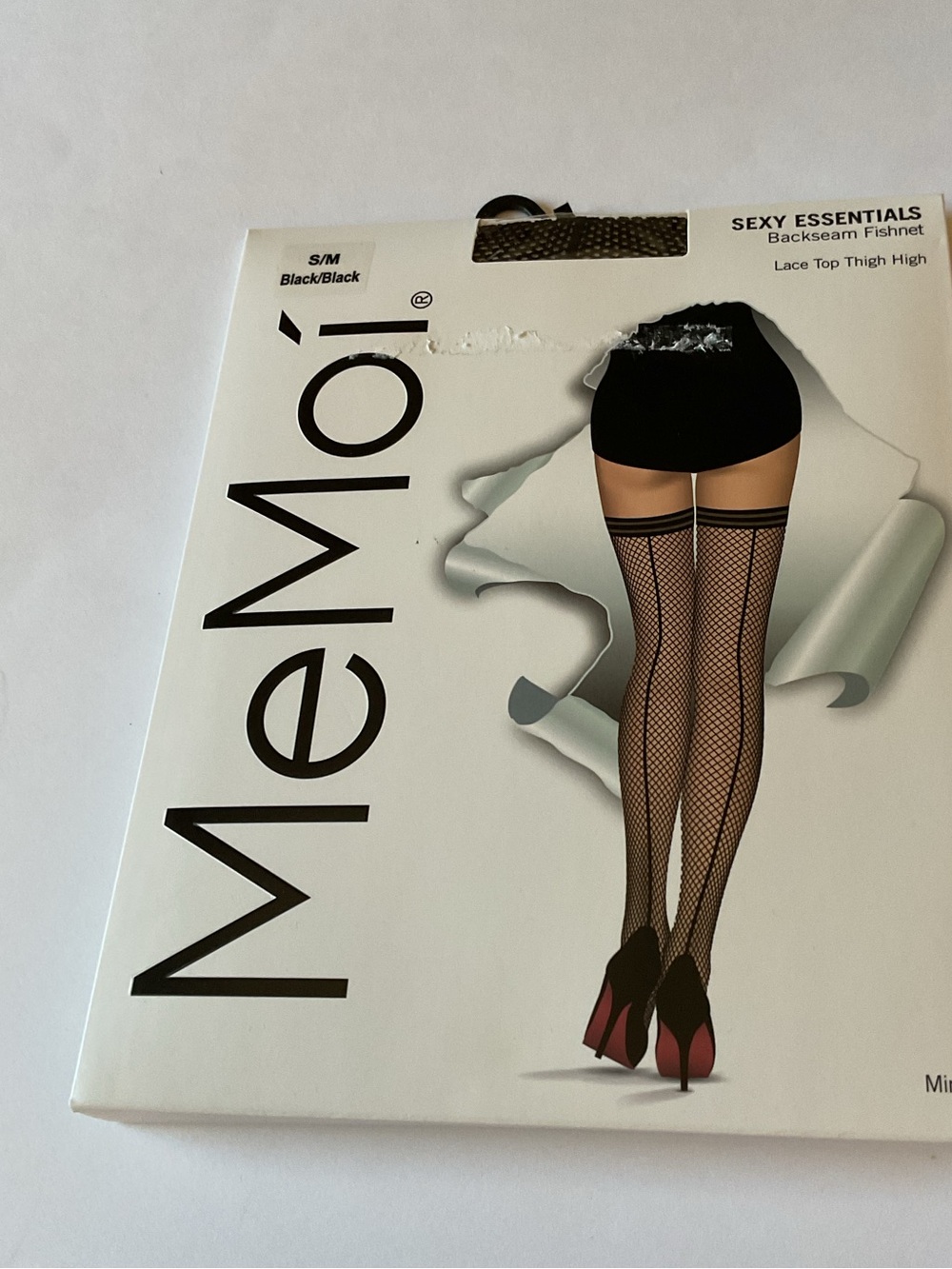 MEMOI SEXY ESSENTIALS BLACK FISHNET LACE TOP THIGH HIGHS WITH BACKSEAM S/M NWT